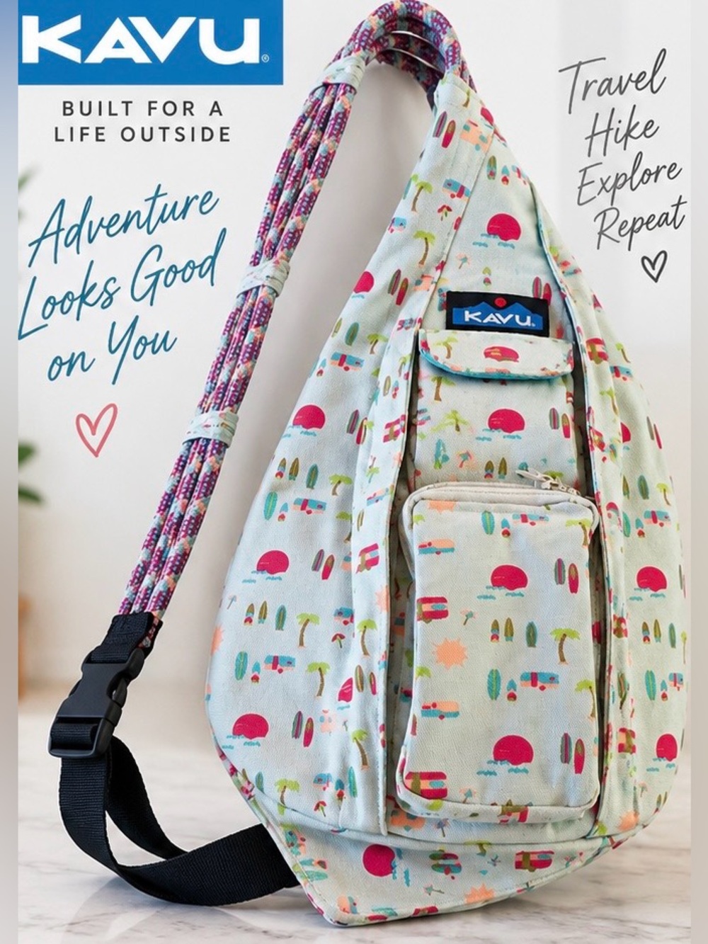 KAVU ROPE SLING BAG BEACH CAMPER PRINT CROSSBODY BACKPACK